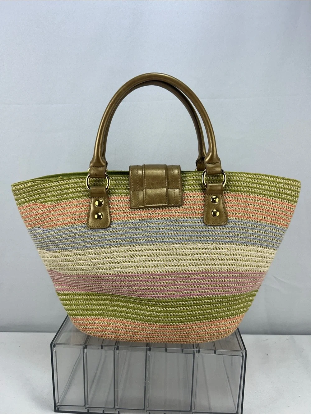 Amanda Smith Gold-Trim Pastel Striped Straw Satchel